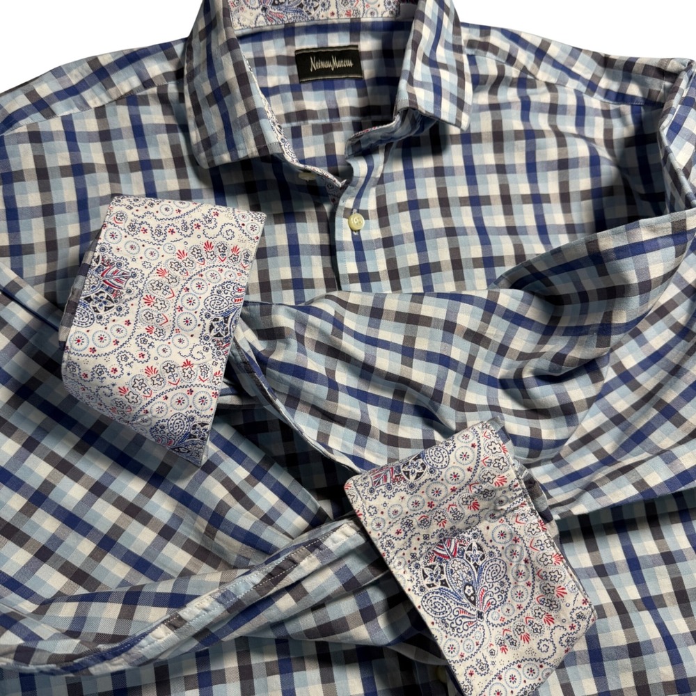 Neiman Marcus Mens Blue Grey Plaid Button Down Shirt Paisley Contrast Cuffs Prep